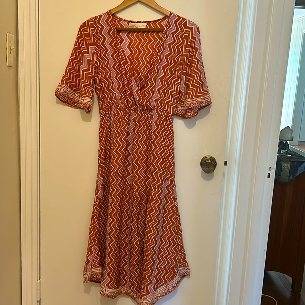 100% Pure Silk, geometric, handkerchief hem, midi dress-relaxed comfort wearing